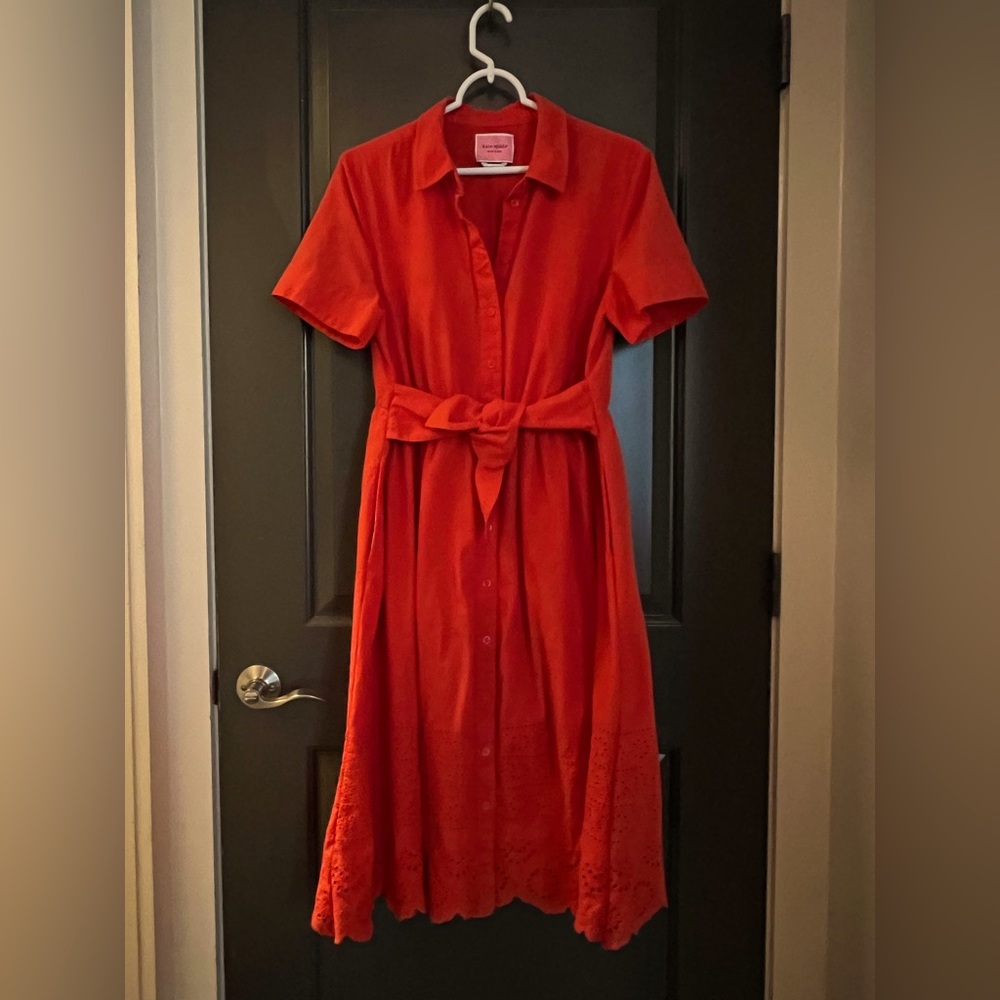 Kate Spade like new shirt dress w/ eyelet detail, scalloped edge hem & tie waist